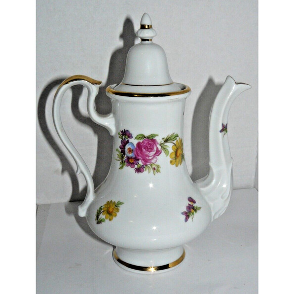Rare Floral Gold Trim Coffee Chocolate Tea Pot Server Pitcher Crossed Sword Arow - Picture 5 of 6